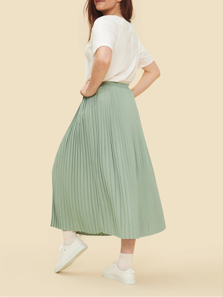 Jupe midi plissée vert sauge éco recyclé