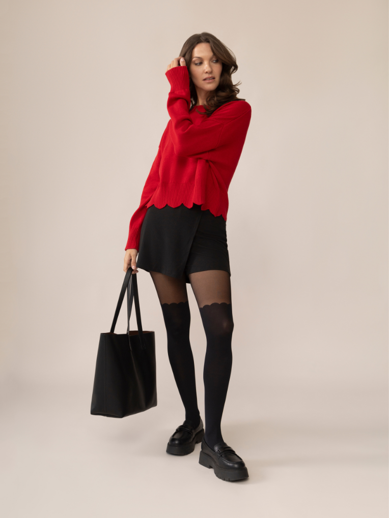 Scalloped Over-the-Knee Tights in Black
