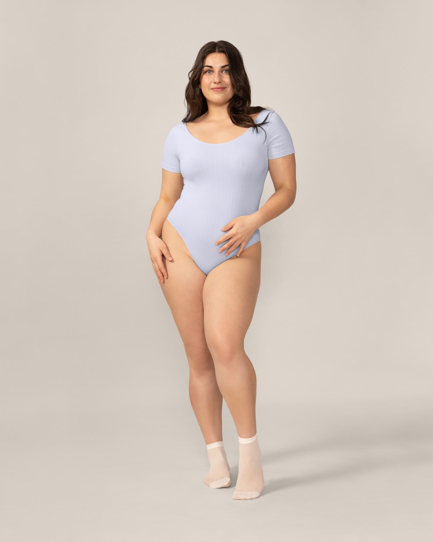 Seamless Wide Rib T-Bodysuit in Pastel Blue
