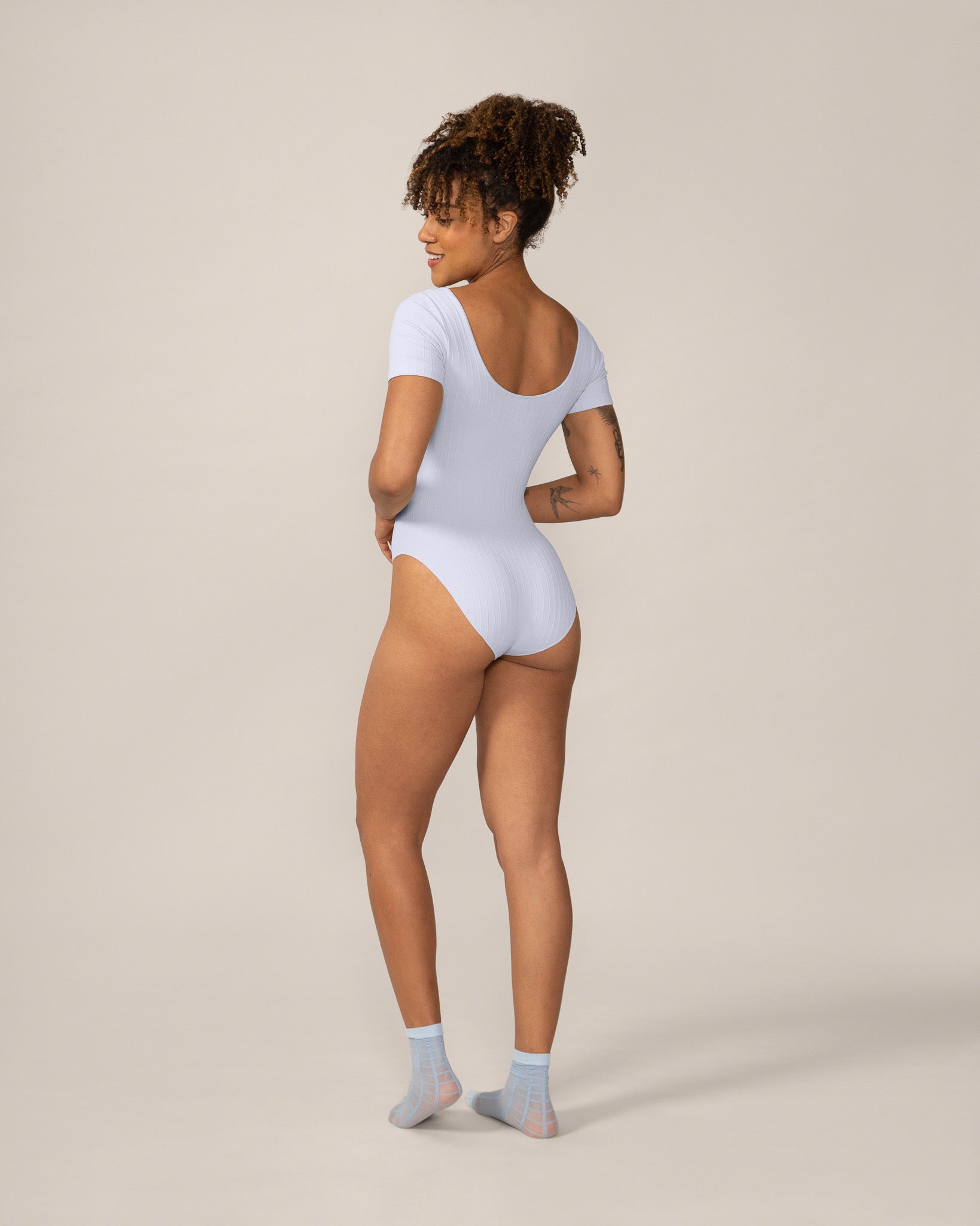 Seamless Wide Rib T-Bodysuit in Pastel Blue