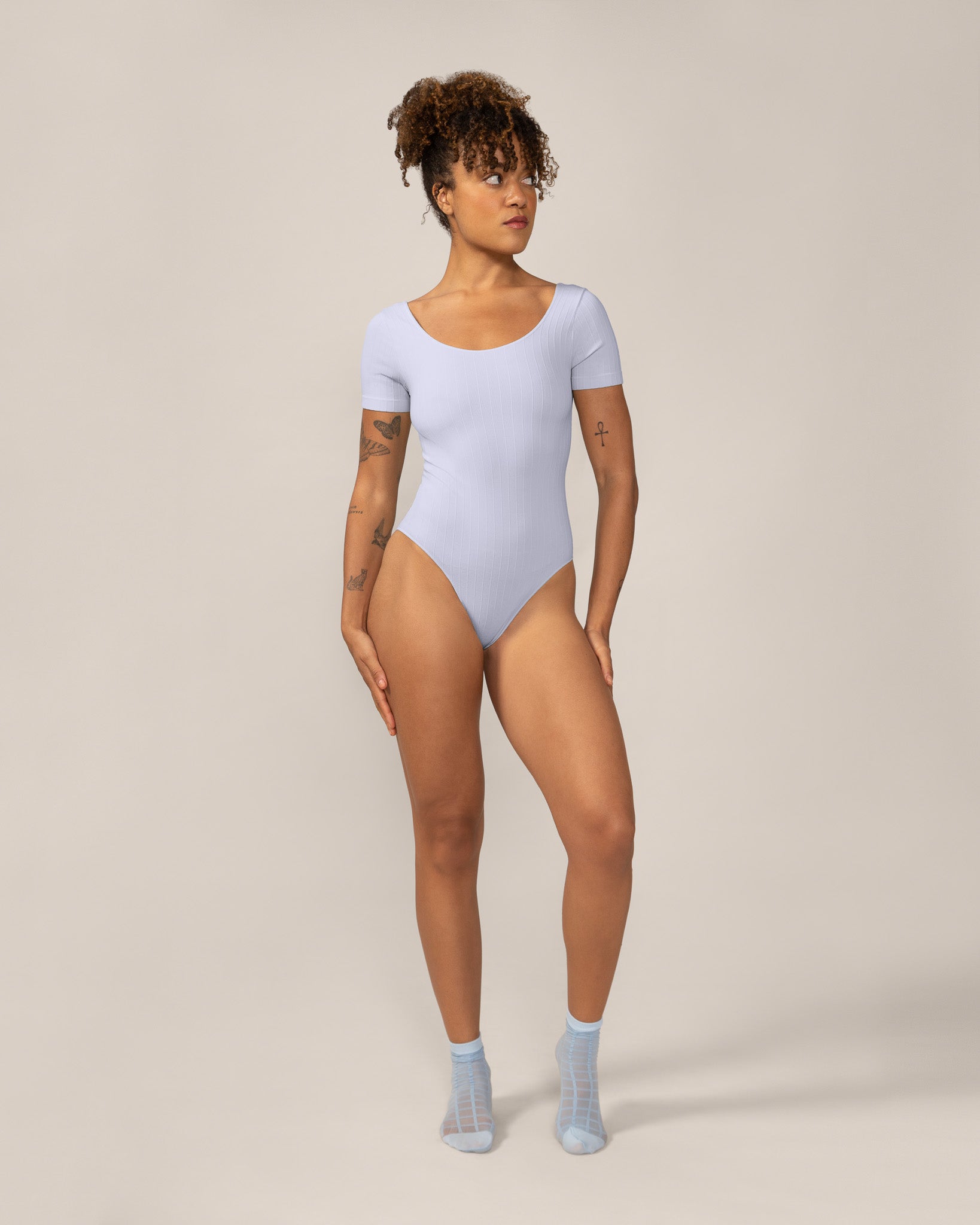 Seamless Wide Rib T-Bodysuit in Pastel Blue