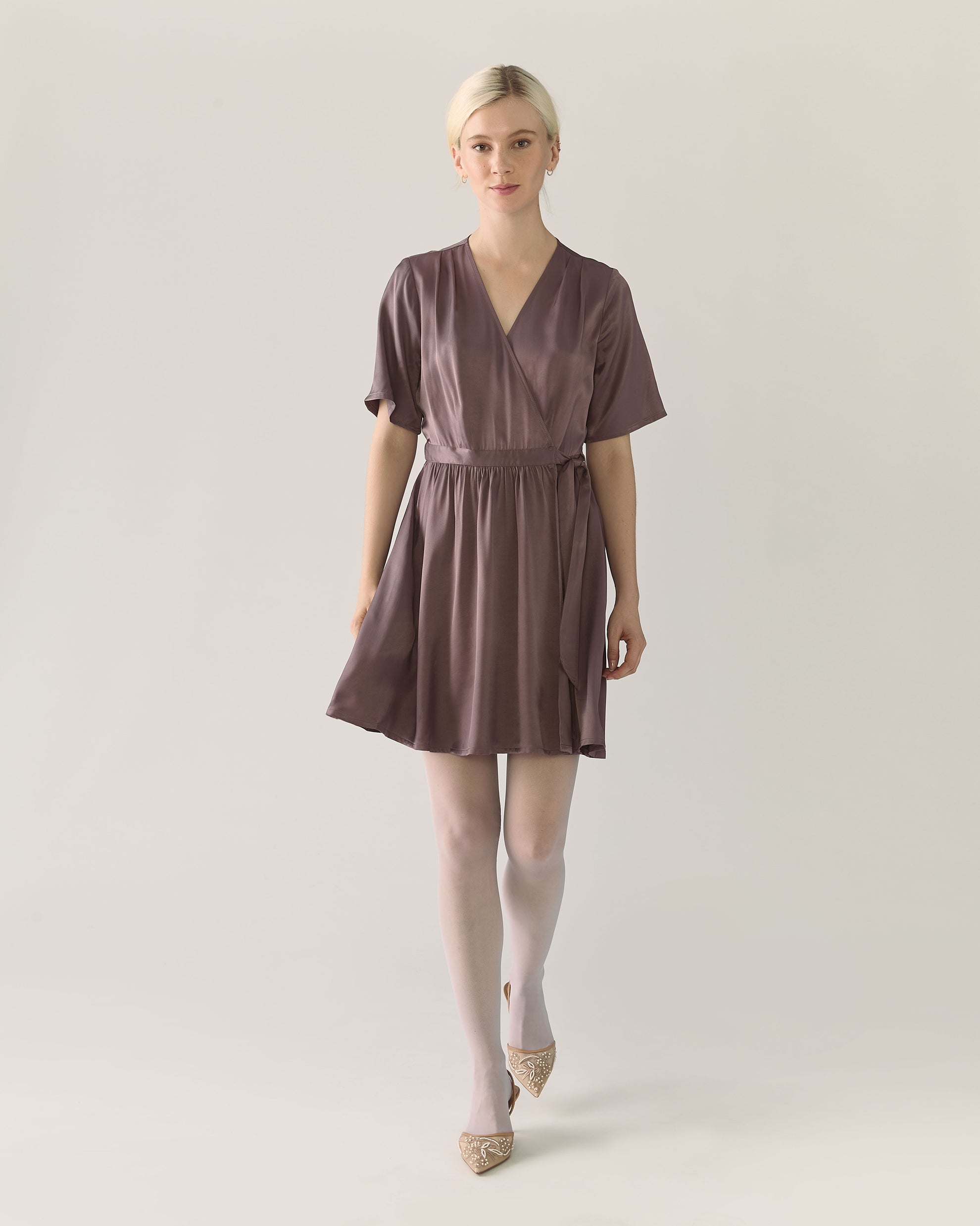 Wrap Satin Dress in Deep Taupe