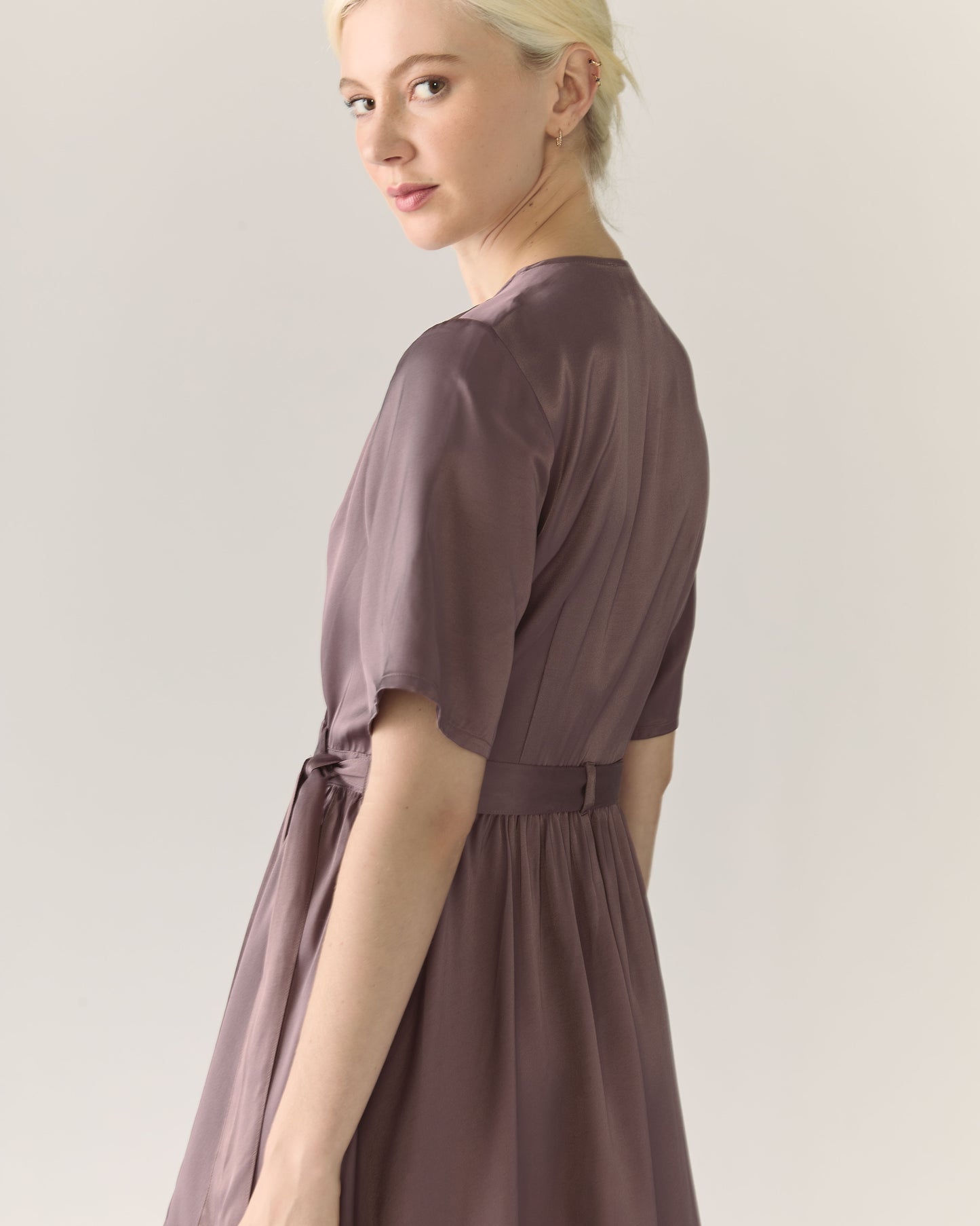 Wrap Satin Dress in Deep Taupe