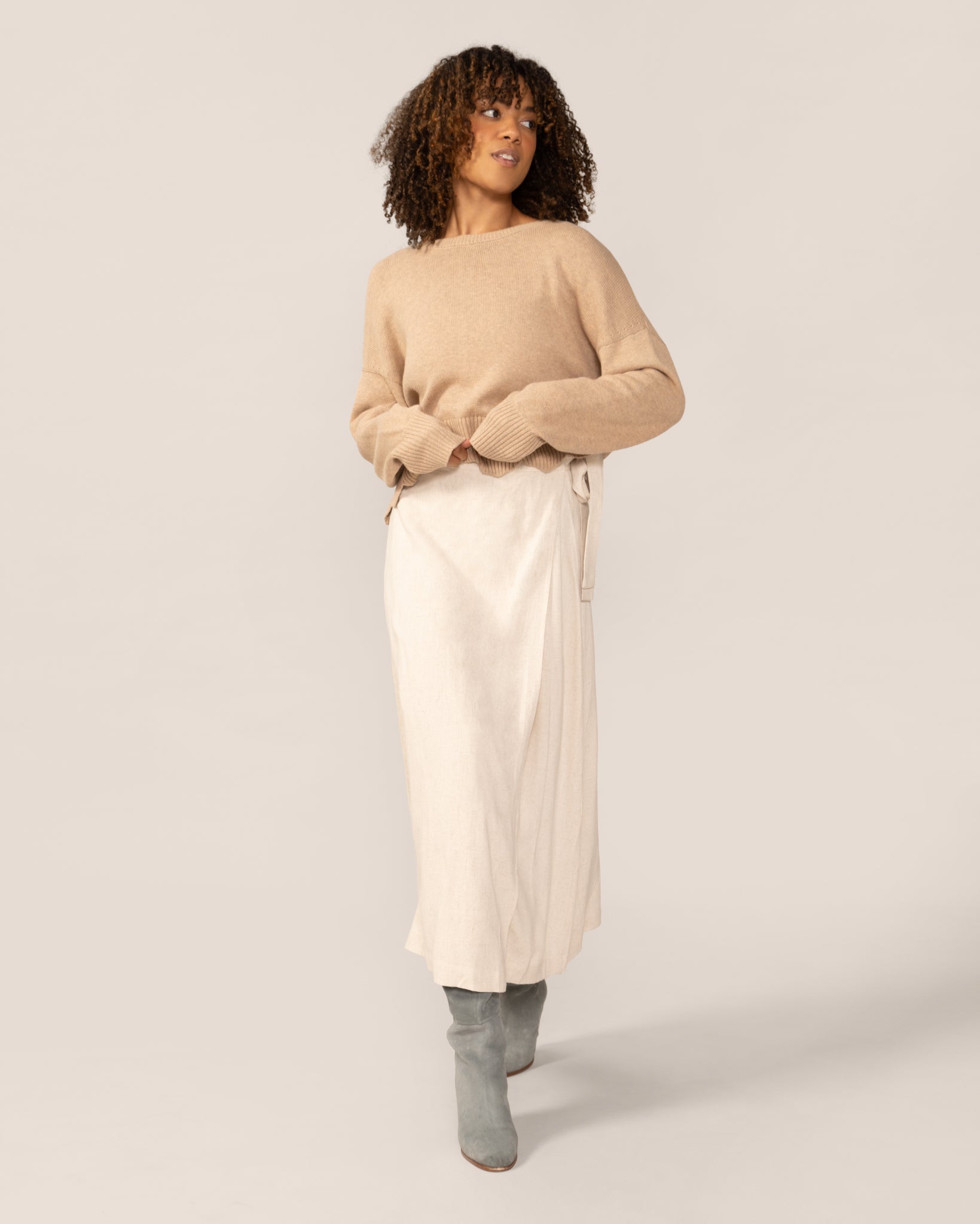 Wide Bow Maxi Wrap Linen Skirt in Natural