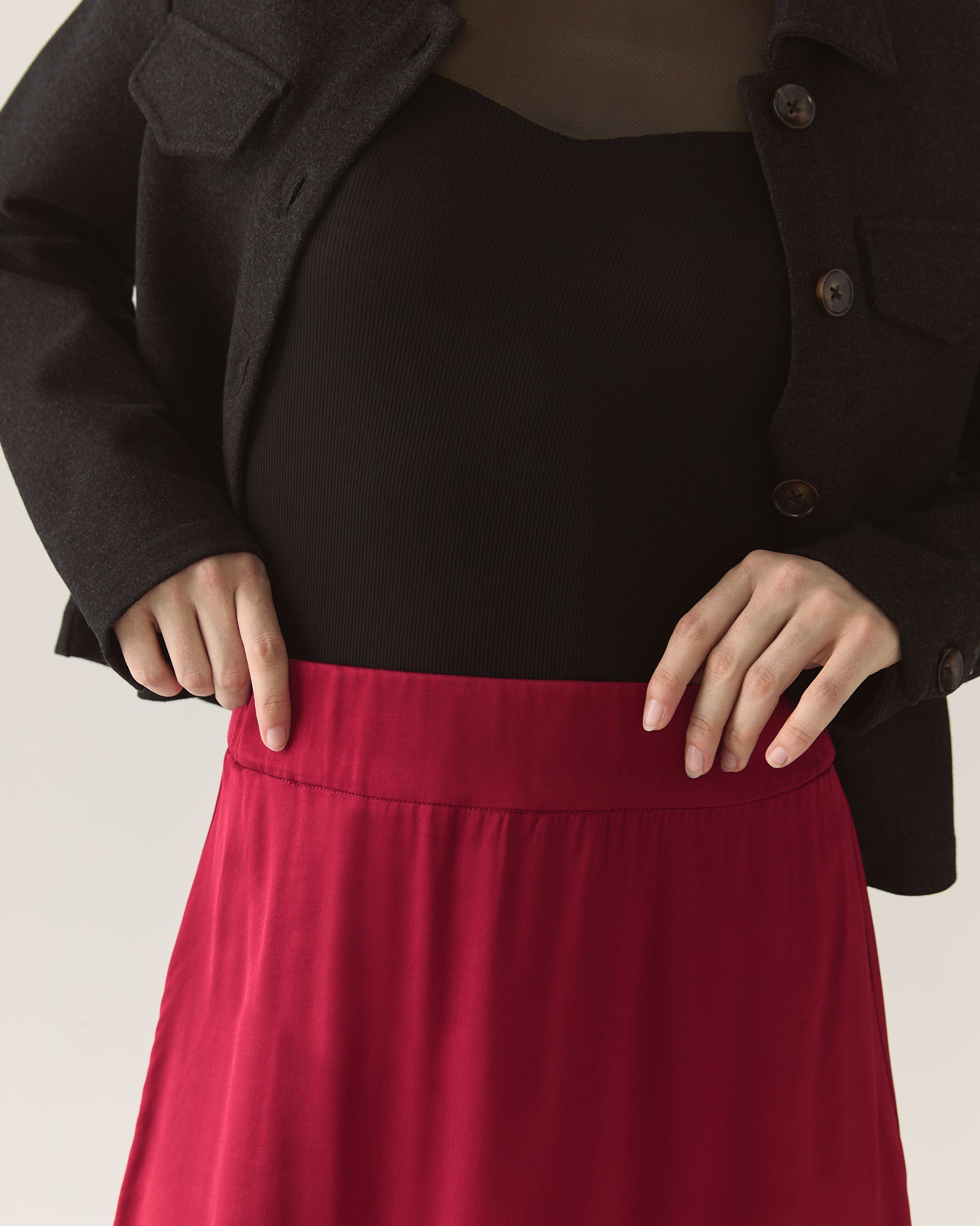 Lace Trim Satin Skirt in Pomegranate