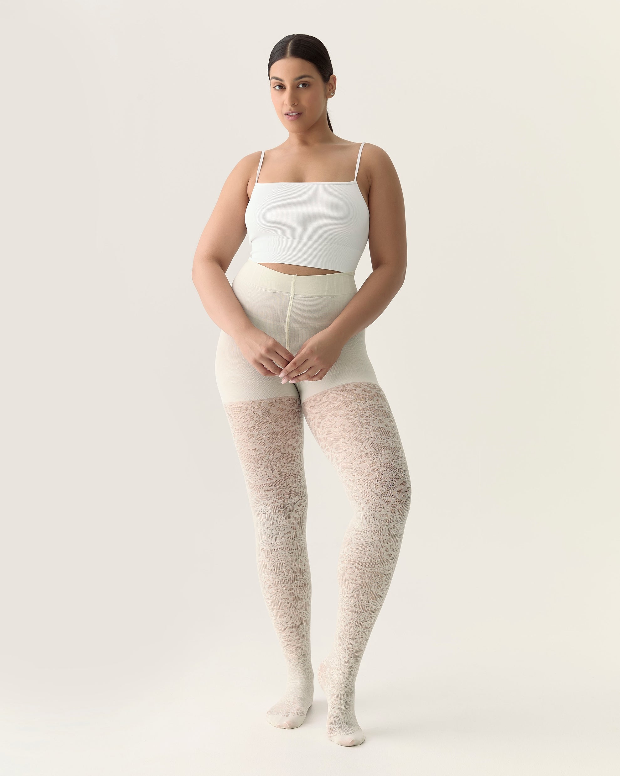 Floral Lace Contour Shaping Tights in Creamy White