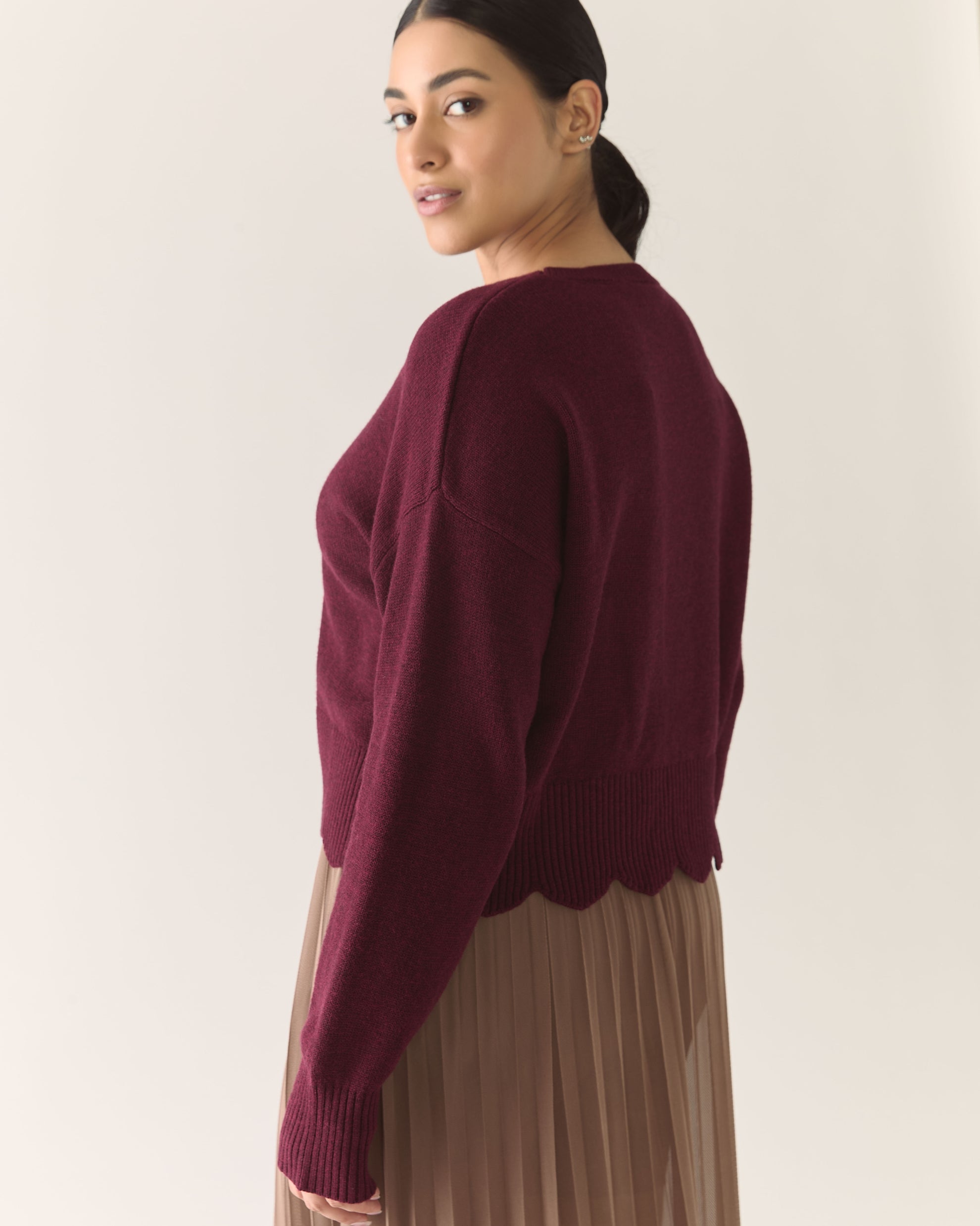 Scalloped Responsible Merino Sweater in Zinfandel
