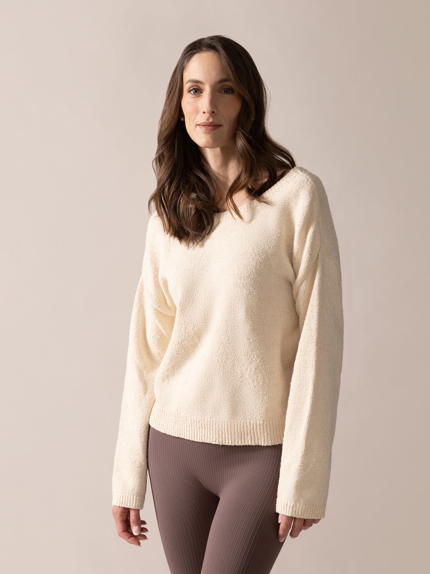 Bow-Back Bouclé Knit Sweater in Almond