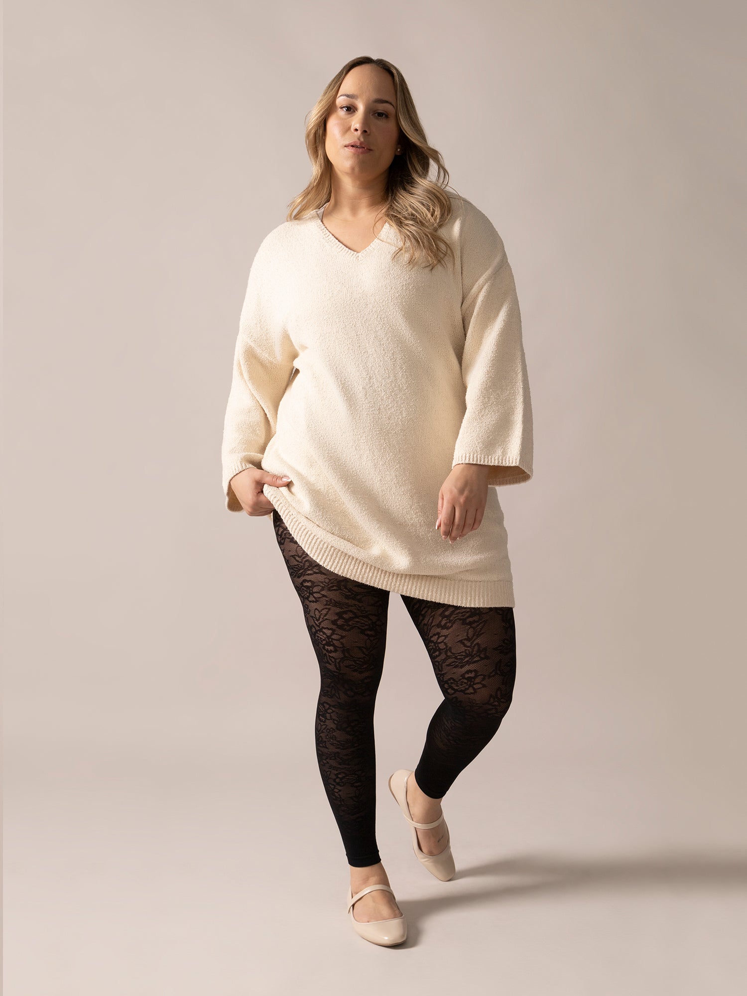 Bouclé Knit Long Sweater in Almond