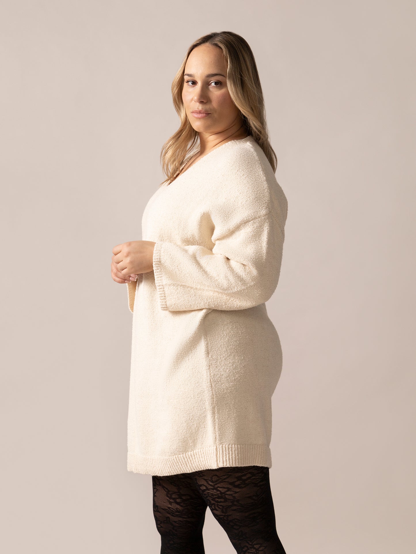 Bouclé Knit Long Sweater in Almond
