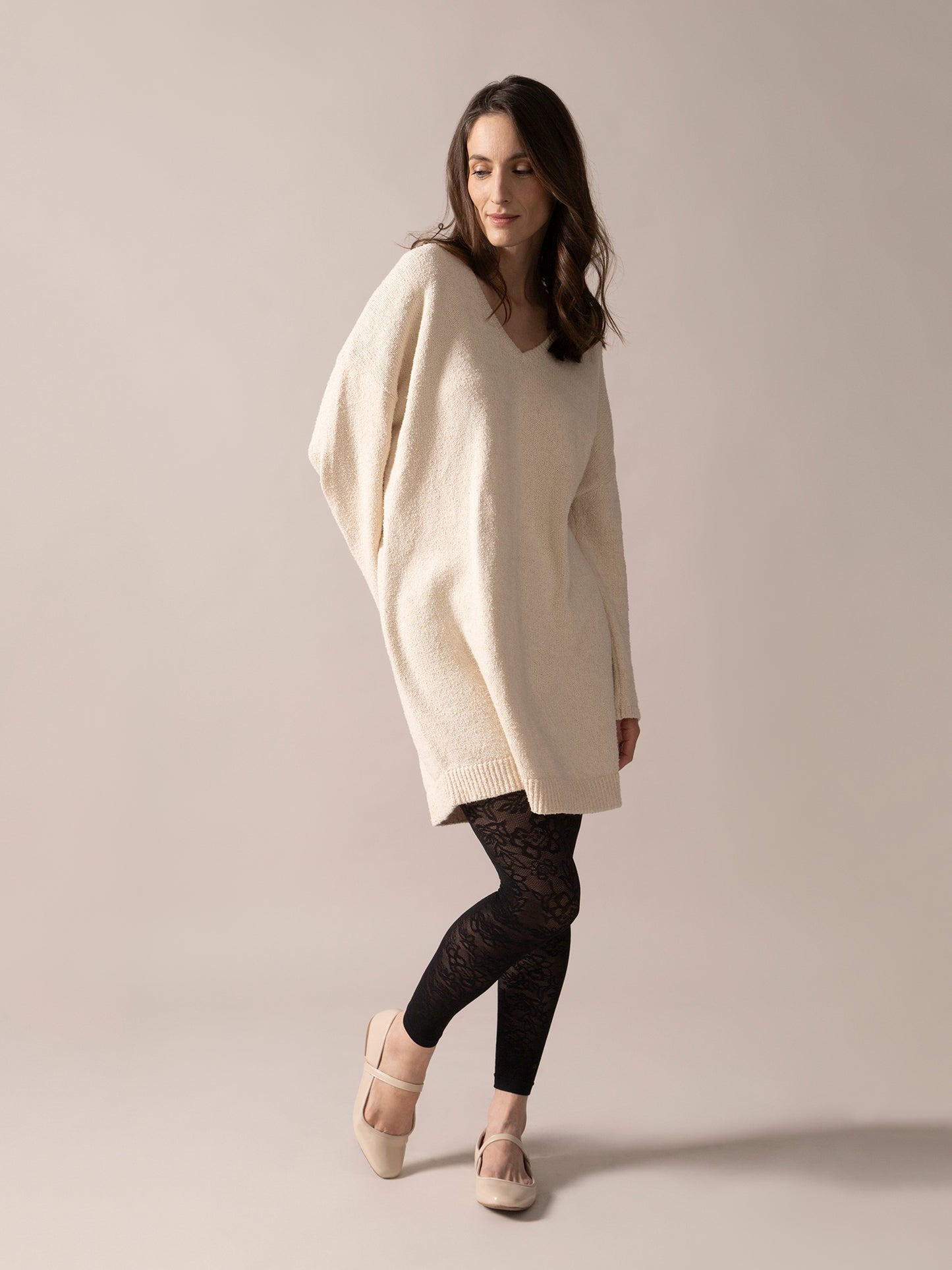 Bouclé Knit Long Sweater in Almond