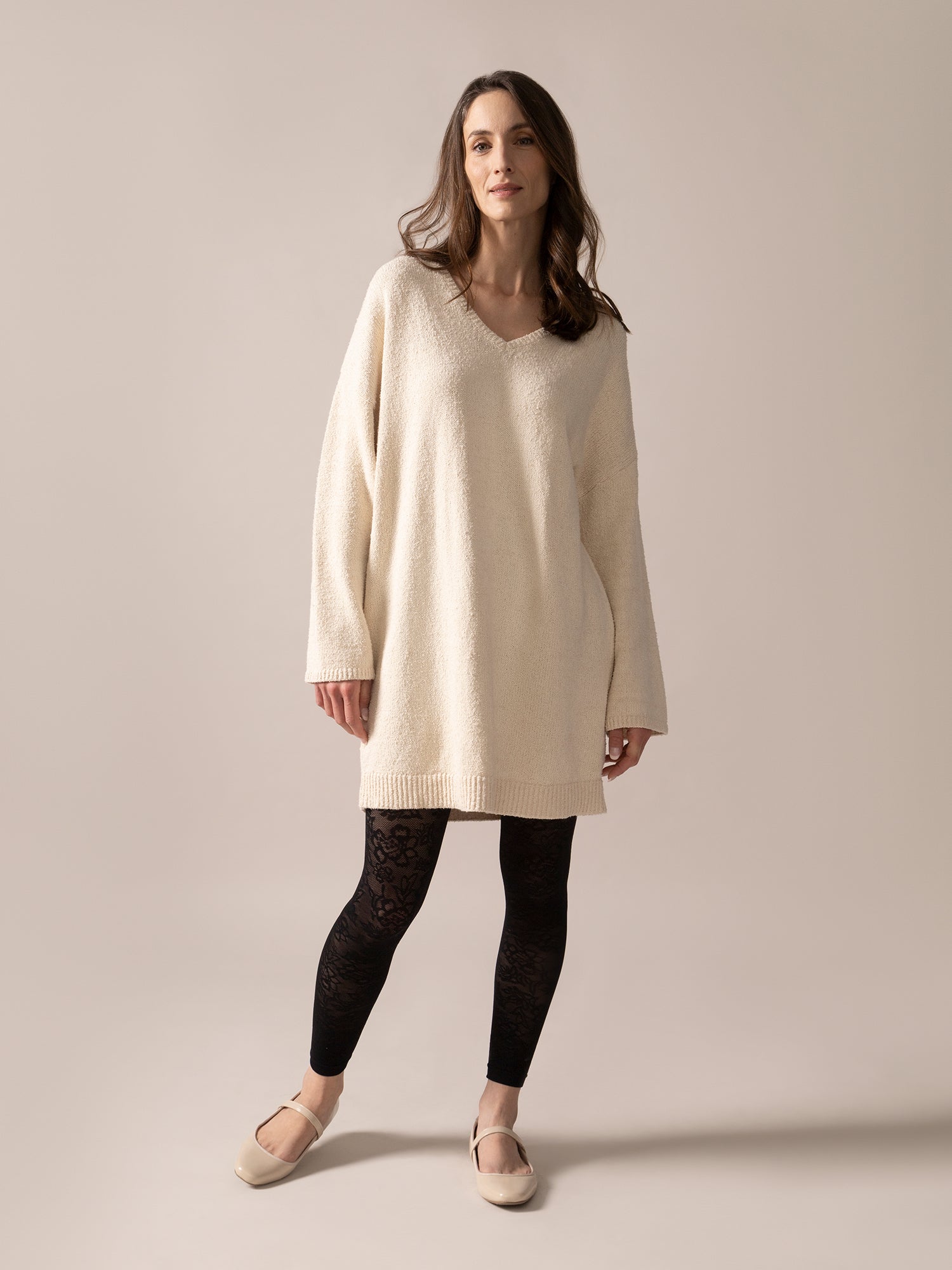 Bouclé Knit Long Sweater in Almond