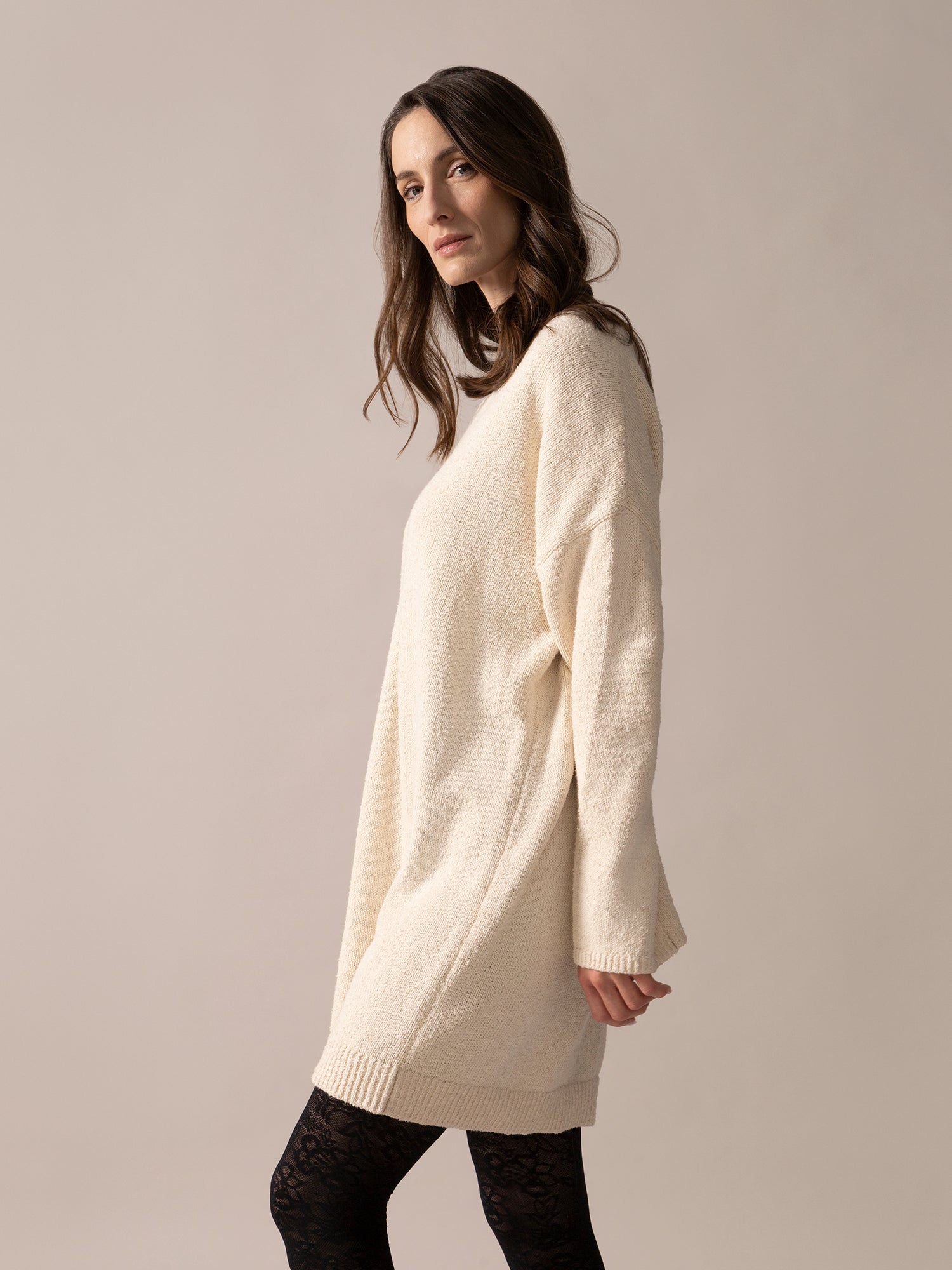 Bouclé Knit Long Sweater in Almond